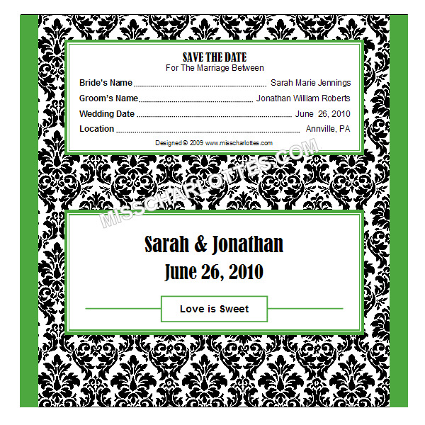 24 Personalized Damask Wedding Save Date Candy Wrappers  